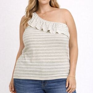 J. Crew Gray and White Striped One-Shoulder Blouse With Ruffle Detail Size XXL